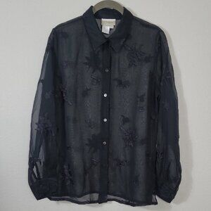 Vintage Coldwater Creek Sheer Embroidered Button Up Top Size S Black Whimsigoth